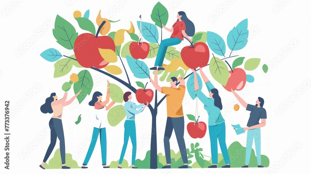 Equality and Equity Abstract Concept. Different people pick apples in the garden. Human Rights, Equal Opportunities, Respective Needs Banner. Modern Flar Cartoon Vector Illustration Design - obrazy, fototapety, plakaty 