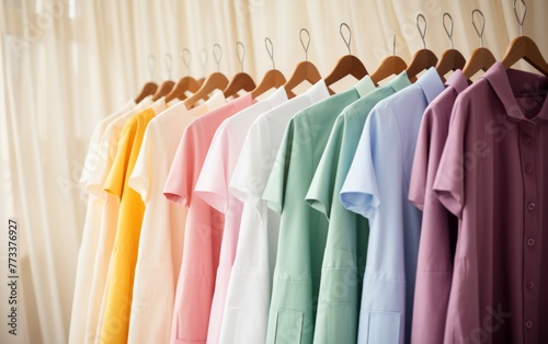 A vibrant row of colorful shirts hanging on a rack in a display of diversity and style © zainab