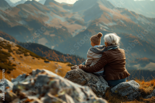 grandmother and grandson sitting on the mountainside, back view of vacationers outdoors, family values concept photo