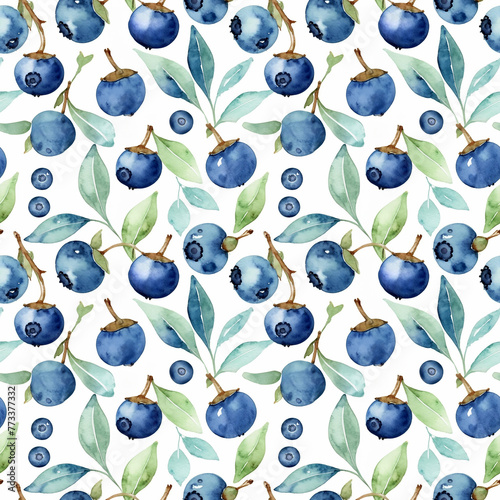 Seamless floral pattern with blueberries on a white background