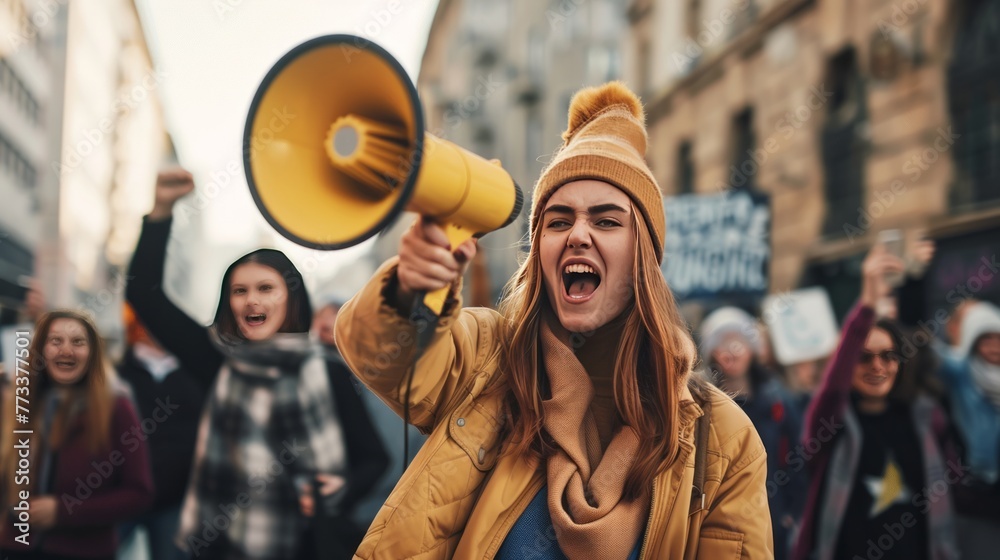 Female activist protesting with megaphone during a strike with group of demonstrator in background. Woman protesting in the city