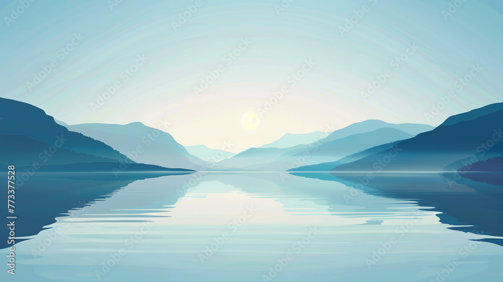 Vector art illustration of a crystal clear lake with smooth gradients conveying the calm of the water in a minimalist design