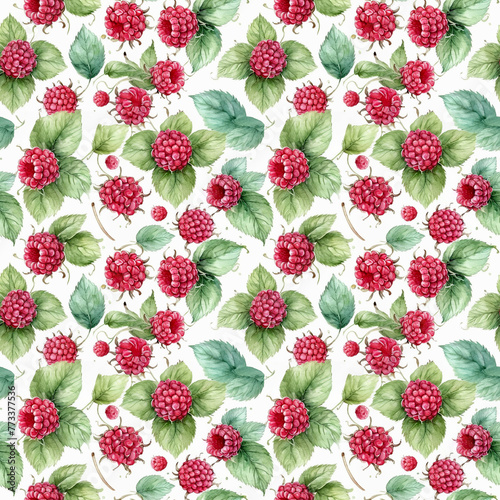 Seamless floral pattern with raspberries on a white background