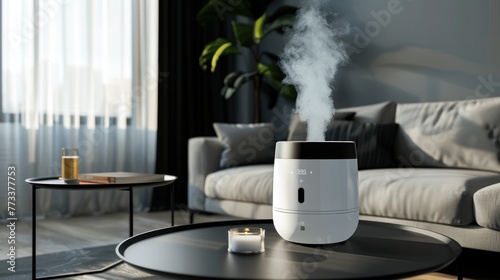 Modern technology of wireless air humidifier with steam on table in living room. AI generated