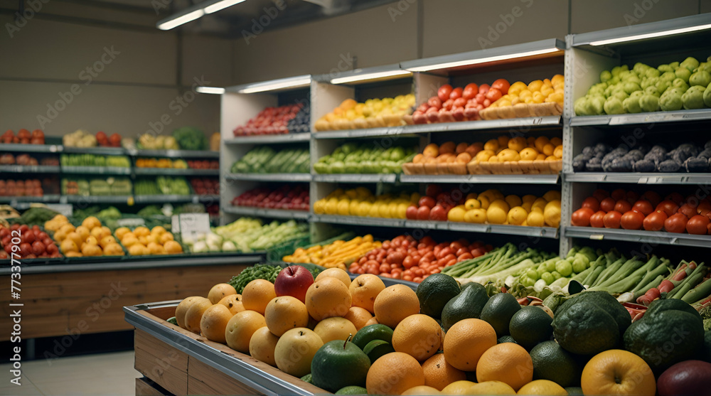 Fresh fruits and vegetables on shelf in supermarket .Generative AI
