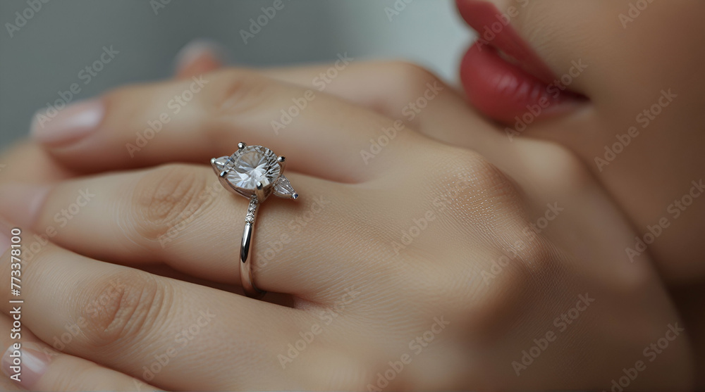 Close up of an elegant diamond rings on woman finger.love and wedding concept.soft and selective focus .Generative AI