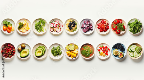 Healthy food product concept top view light background. Assortment of vegetarian food vegetables and fruits