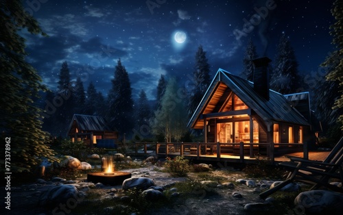 A cozy cabin nestled among tall trees, illuminated by a flickering campfire under the night sky