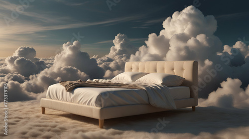 A bed in the soft vanila dream clouds. A good dream concept.  .Generative AI