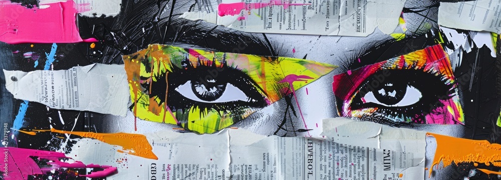 cutting-edge paper collage, modern artwork, vivid neon hues, monochromatic components, and torn newspaper