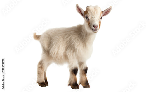 Small goat gracefully standing on a pristine white floor
