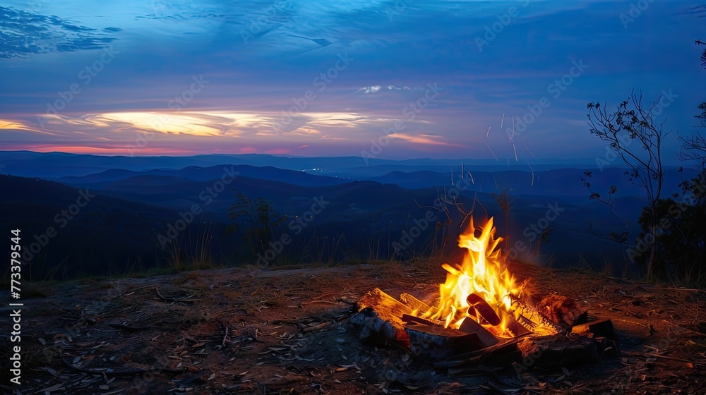Embark on a summer wilderness adventure with a glowing campfire at dusk, casting a warm light to cherish nature's beauty and the starry night sky. Embark on a summer wilderness adventure with a glowing campfire at dusk, casting a warm light to cherish nature's beauty and the starry night sky.