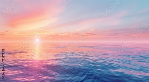 A vibrant sunset over the ocean with rich hues of orange, pink, and purple reflecting on the water © pham