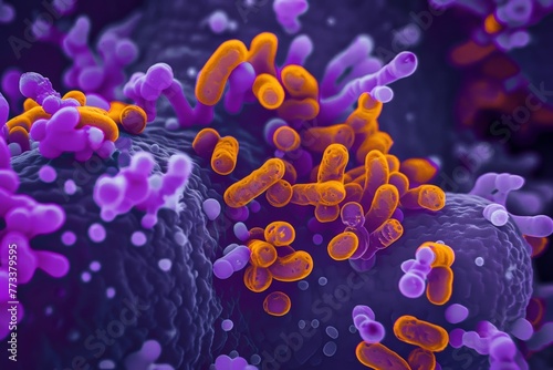 Colony of purple and orange bacteria seen under a microscope