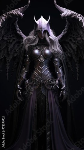 girl devil in the hood with horns  long white hair  and large black wings  with bleeding purple eyes  armor dressed  and angry expressions on her face  character fantasy  the devil women