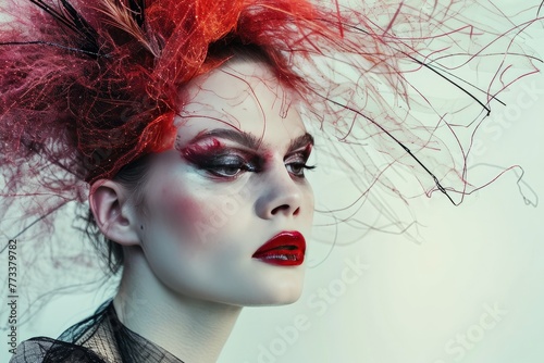 Editorial image portraying a model in avant-garde makeup and headpiece, A striking editorial image showcasing a model adorned in avant-garde makeup and a dramatic headpiece.