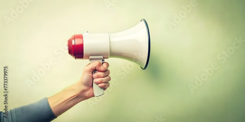 Picture of a hand with a bullhorn megaphone on a light background.