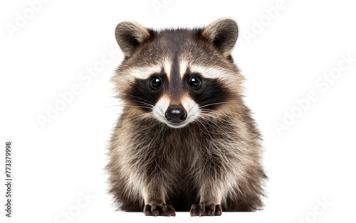 A raccoon with dark fur and a mask-like face is making direct eye contact with the camera photo
