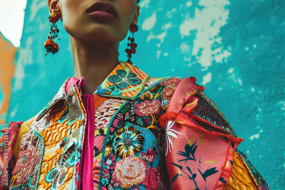 Editorial shot with a focus on the vibrant colors and patterns of a fashion ensemble, A captivating editorial shot highlighting the vibrant colors and intricate patterns of a fashion ensemble