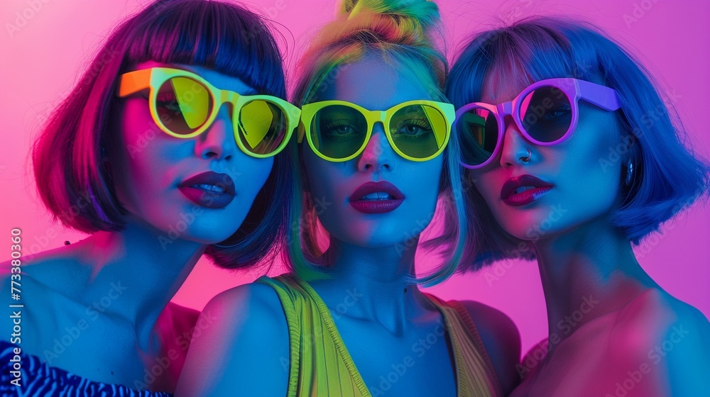 Neon Party: Stylish Women Group Portrait in Colorful Lights