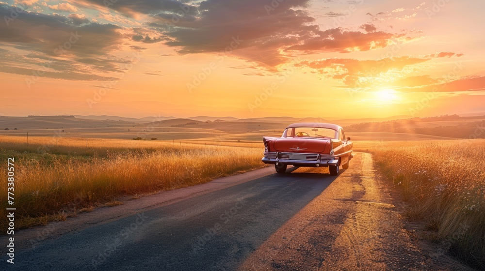 An old classic car from the 1950s or 1960s driving down a rural country road during a colorful sunset