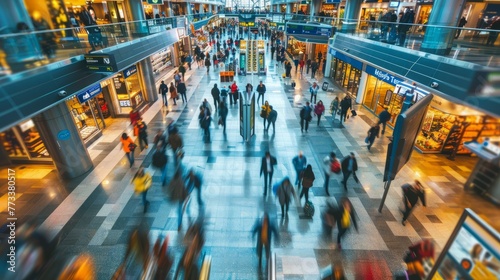 A crowded mall with numerous people walking through, shopping, and exploring various stores