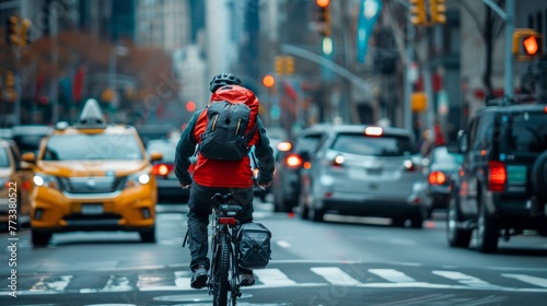 A man  working as a bicycle courier  navigates through traffic on a bustling city street