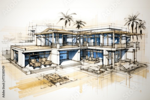 Architect s blueprints with 3D construction  model house under construction  computer  construction helmet   Ai generated