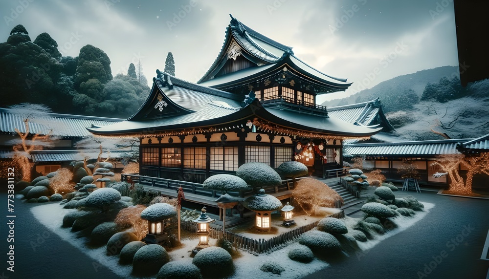 Fototapeta premium Traditional Japanese Temple with Christmas Lights in Kyoto