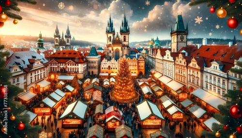 Vibrant Christmas Market in Prague with Festive Stalls photo