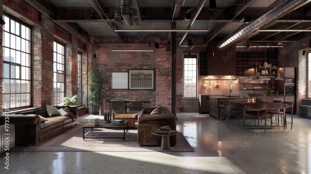 A large industrial loft room filled with furniture and bathed in natural light from numerous windows