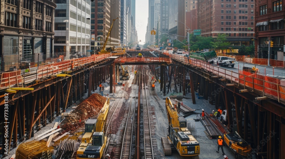 A bustling urban construction site with workers and heavy machinery engaged in building infrastructure in the middle of a city