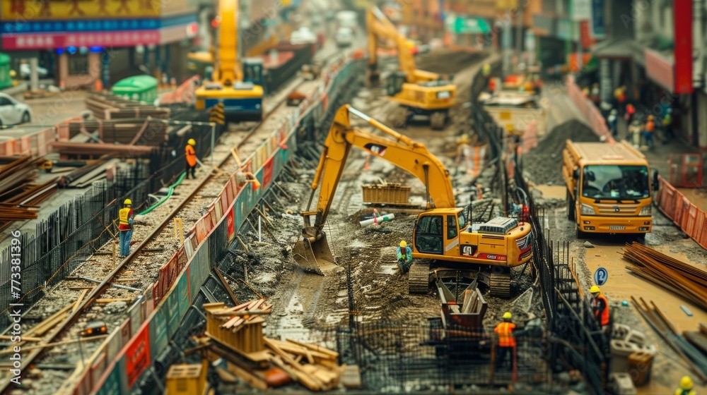 Model of a train station under construction, showcasing workers and heavy machinery in action