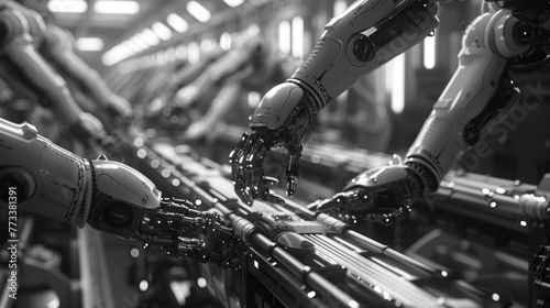 The robotic arms work tirelessly, their movements synchronized in perfect harmony.
