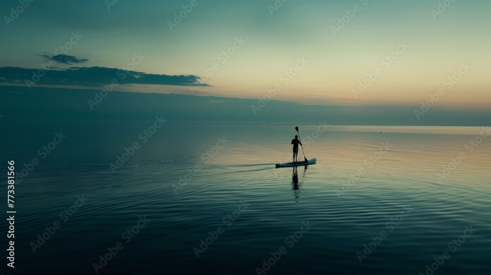 A man standing on a surfboard in the middle of the ocean, balancing against the waves with the horizon in the background