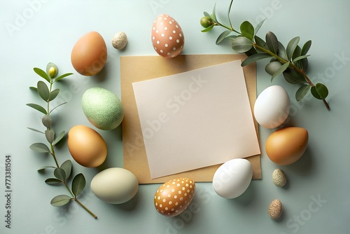Easter eggs with postcard, blue background, bright colors.