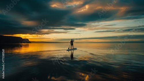 A person standing on a surfboard in the water, gliding across the calm surface against a dusky sky backdrop