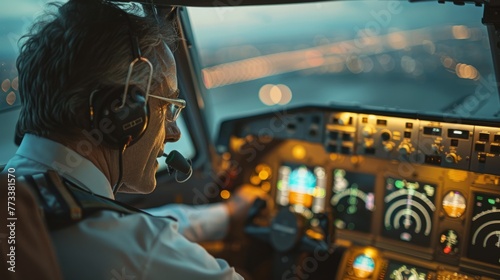A man sitting in the cockpit of a plane, reviewing instruments and checklists before takeoff