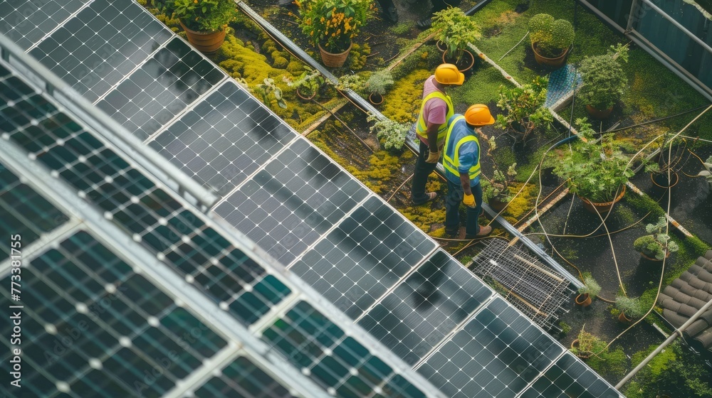Two men stand side by side near a solar panel, demonstrating sustainable construction practices in action - obrazy, fototapety, plakaty 