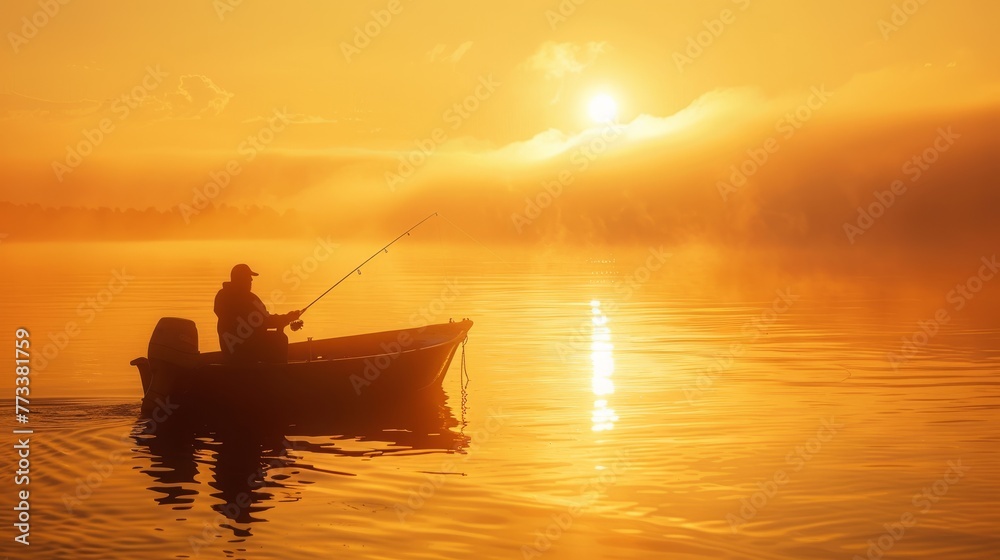 An angler in a small boat is seen fishing at sunset, with the warm light casting a golden glow on the scene