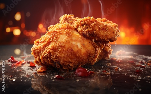 A mouth-watering close-up of a perfectly golden fried chicken resting on a table, highlighting its crunchy texture and savory aroma