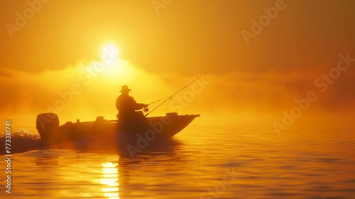 A man is seen fishing on a small boat as the sun sets, casting warm light over the scene