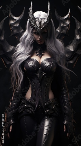 girl devil in the hood with horns, long white hair, and large black wings, with bleeding purple eyes, armor dressed, and angry expressions on her face, character fantasy, the devil women © Muhammad Hammad Zia