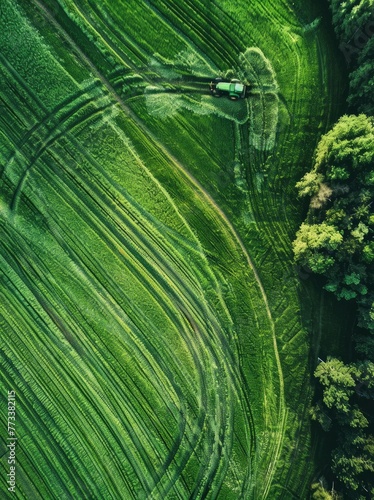 a tractor plowing in the green field top view