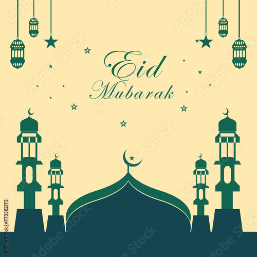 Eid Mubarak Islamic Retro Paper Effect with mosque Greeting Card design 