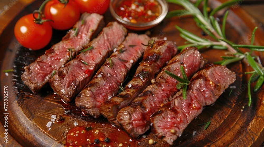 Delicious grilled sliced Beef Steak with sauce tomatoes and rosemary on a wood plate. AI generated