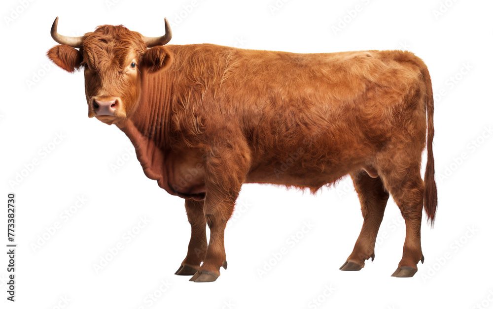 A majestic brown cow stands atop a white background, exuding grace and calmness A majestic brown cow stands atop a white background, exuding grace and calmness
