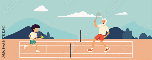 Grandfather and grandson play tennis. Active games.

