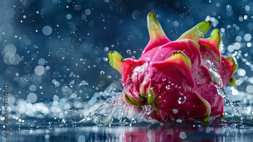 A dragon fruit splashes energetically in water, surrounded by lively water droplets enhancing the scene