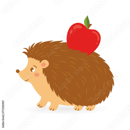 Childish cute hedgehog carry red apple. Hand drawn funny urchin in scandinavian style. Flat vector cartoon illustration of lovely forest animal. Perfect for childrens projects, scrapbooking, card, etc